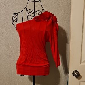 Wet Seal Red One-Shoulder Blouse with Floral Detail